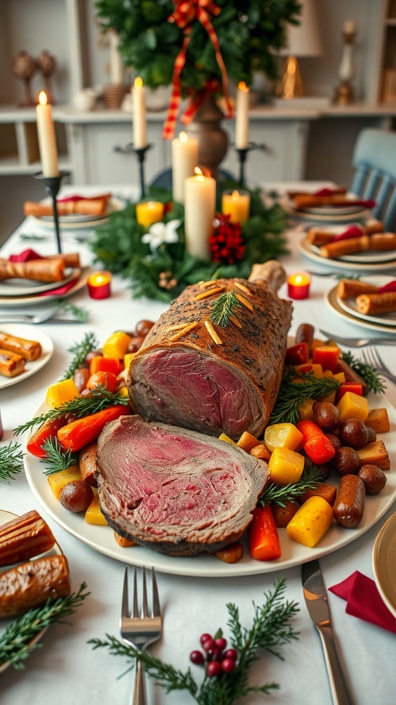 A festive Christmas dinner table with roast beef and seasonal vegetables, decorated for the holiday.